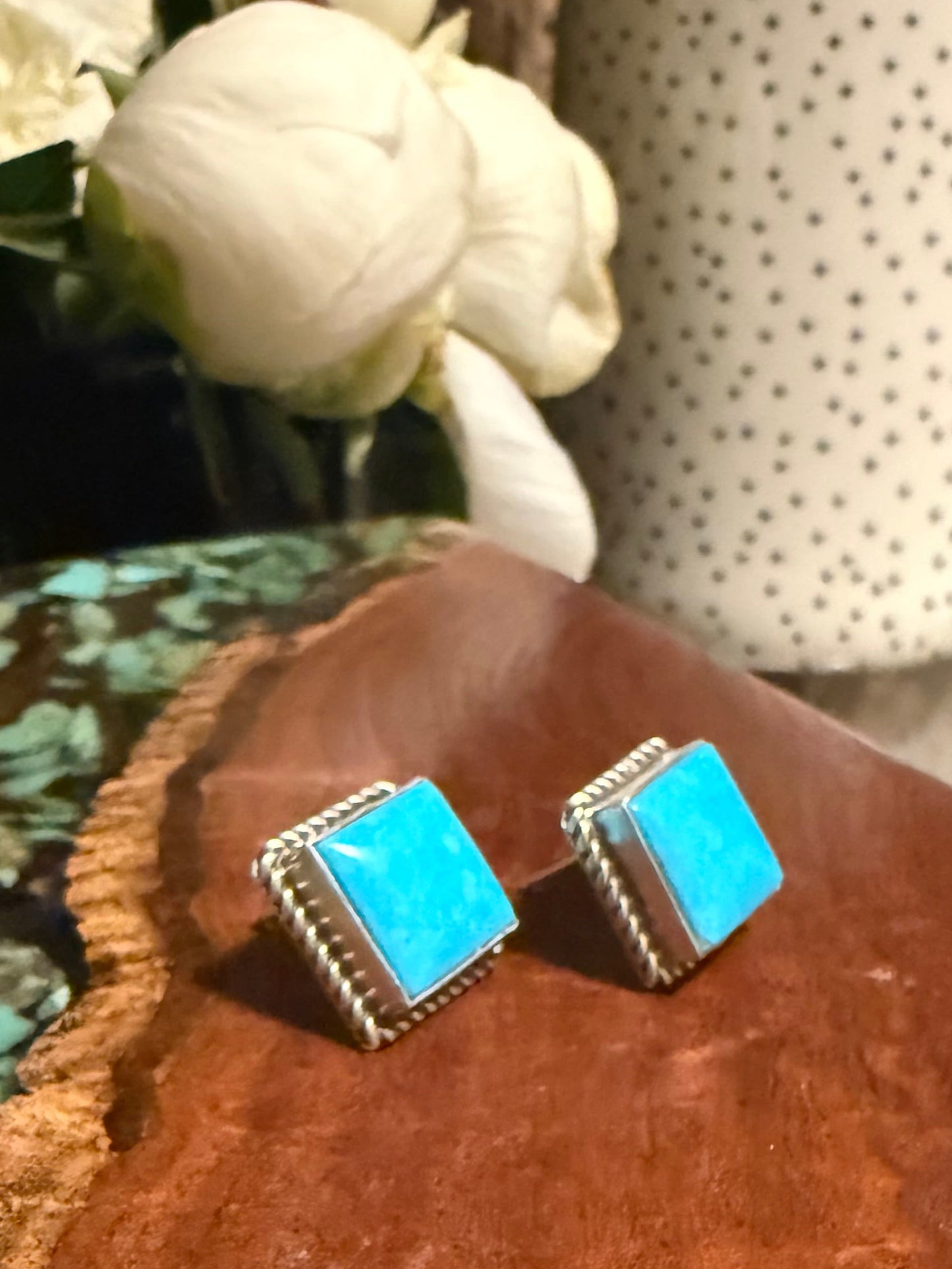 Navajo Handmade Kingman Turquoise Stud Square Earrings