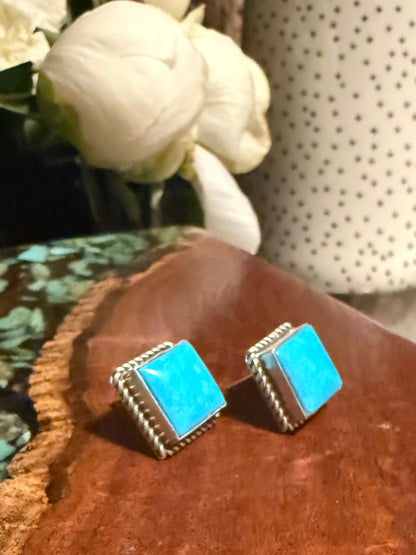 Navajo Handmade Kingman Turquoise Stud Square Earrings