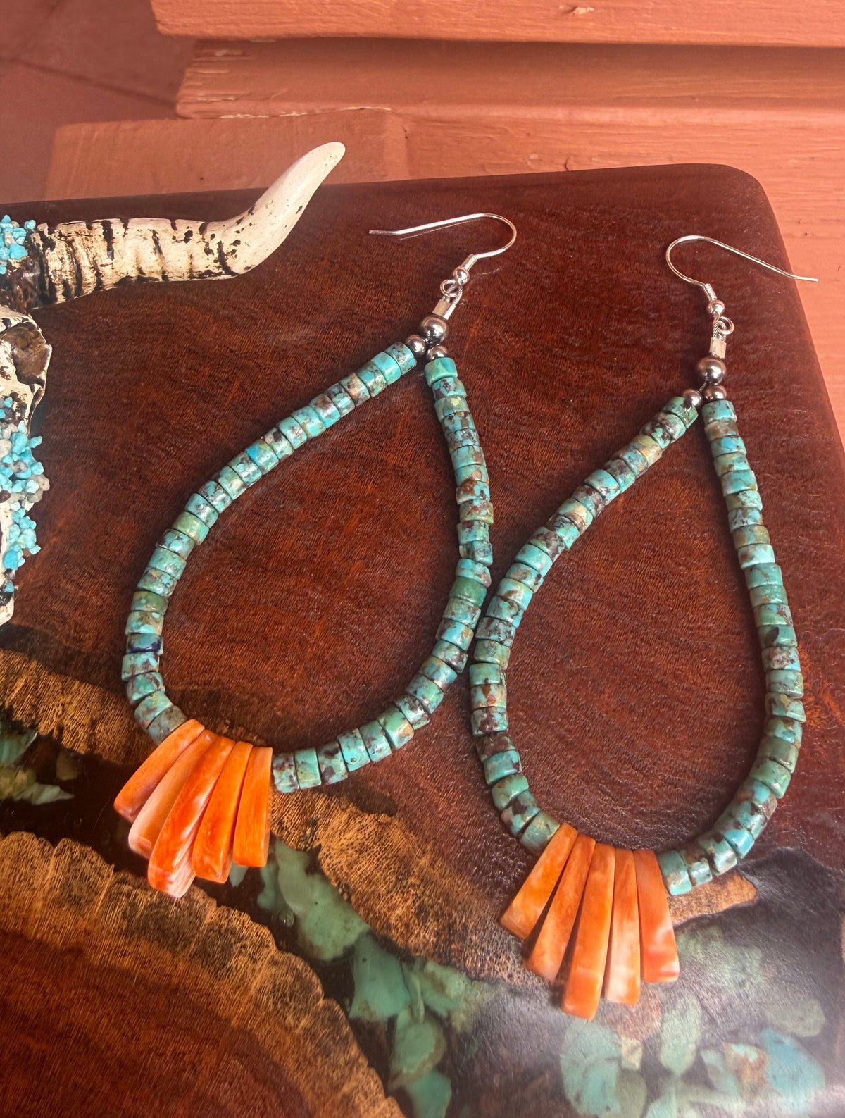 Hand Strung Kingman Turquoise and Spiny Oyster Teardrop  Dangle Earrings