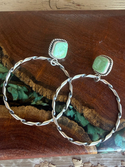 Navajo Handmade Kingman Turquoise Stud Hoops Set in Sterling Silver
