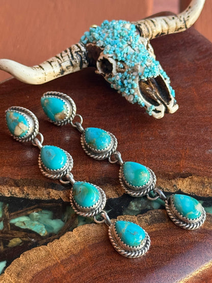 Navajo Handmade 4 Stone Kingman Turquoise Teardrop Post Dangle Earrings