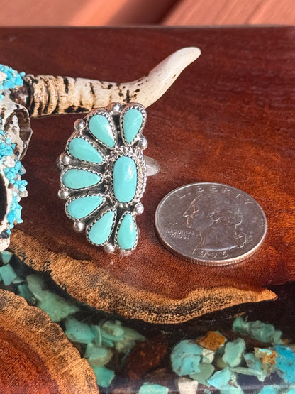 Navajo Handmade Adjustable Kingman Turquoise Half Cluster Ring