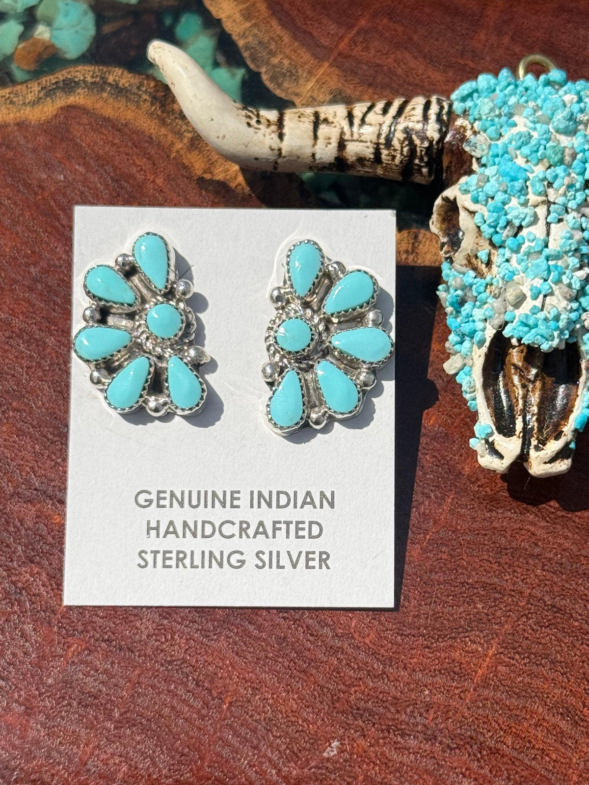 Navajo Handmade Kingman Turquoise Half Cluster Earrings Made by Alicia Wilson
