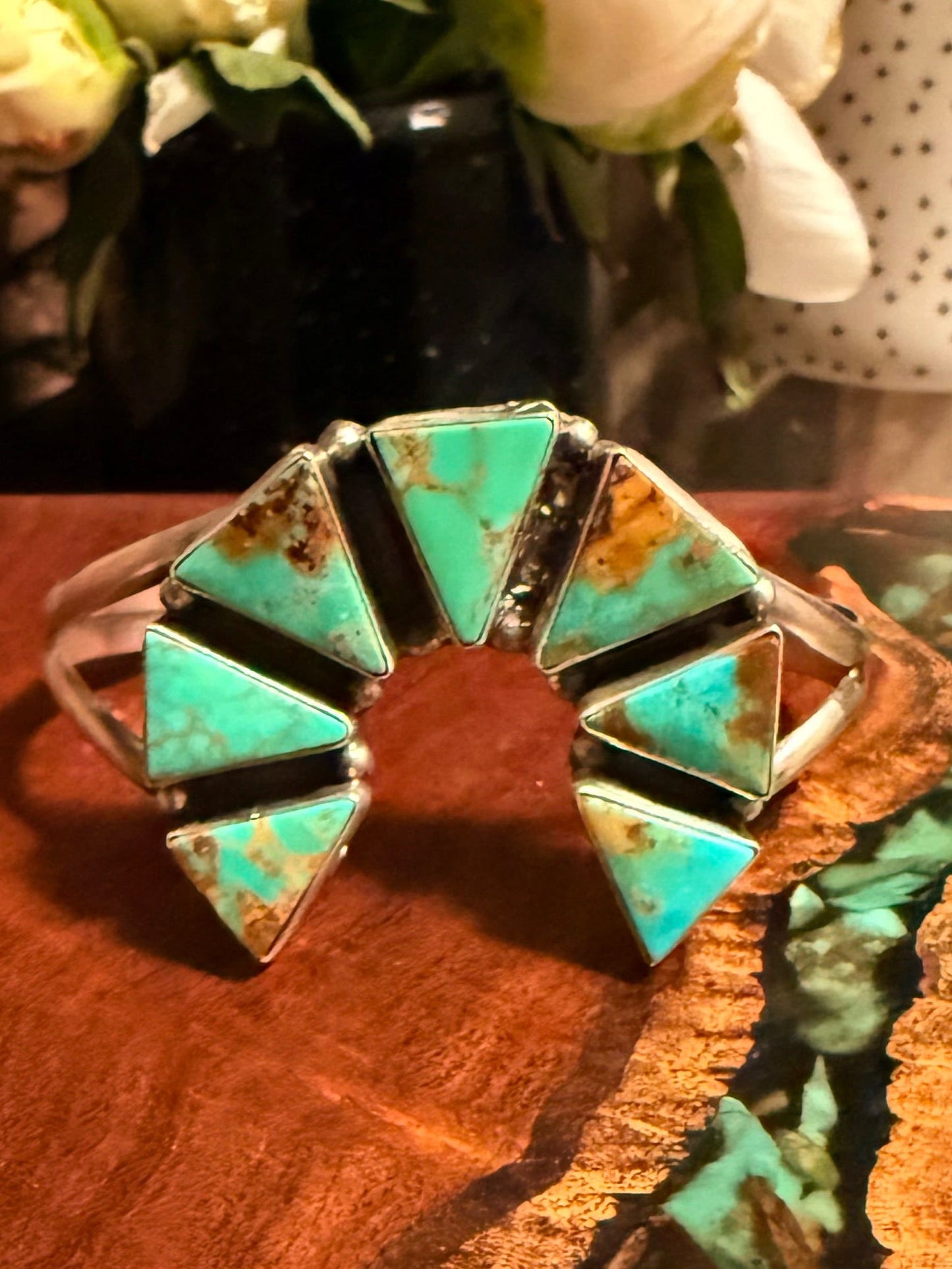 Navajo Handmade Kingman Turquoise Naja Cuff Bracelet