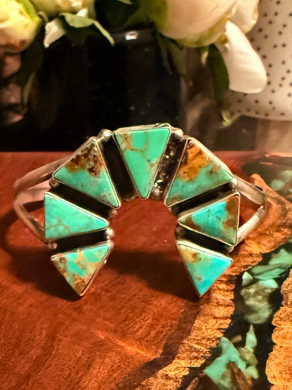 Navajo Handmade Kingman Turquoise Naja Cuff Bracelet