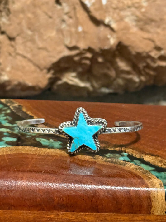 Navajo Handmade Kingman Turquoise Star Bracelet Set in Sterling Silver. Made by Donovan Skeet.