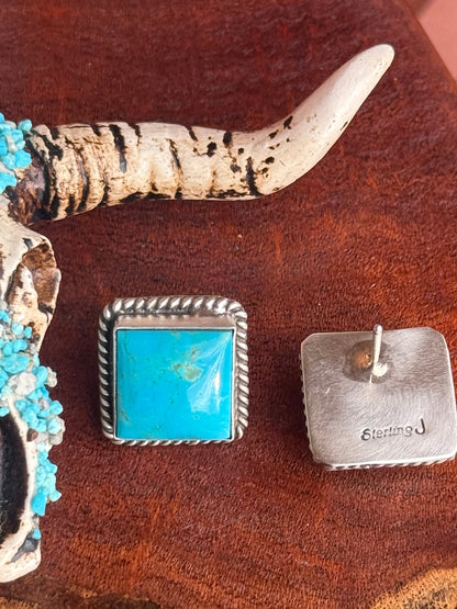 Navajo Handmade Kingman Turquoise Stud Square Earrings