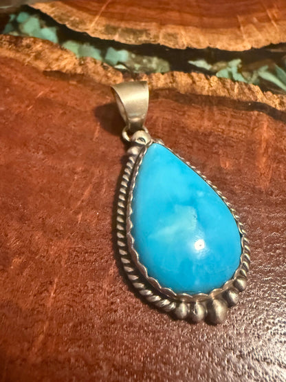 Navajo Handmade Kingman Turquoise Pendant Set in Sterling Silver