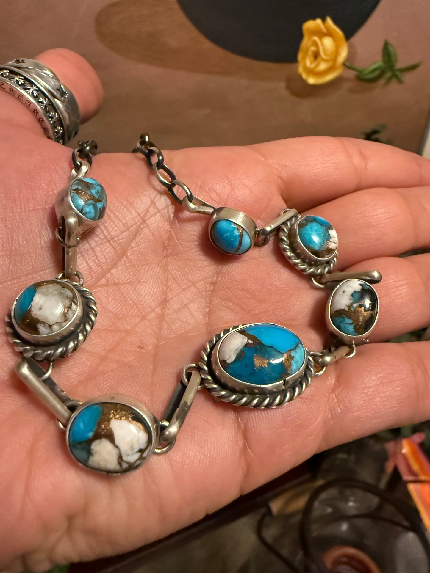 Navajo Handmade Kingman Krush 16” Choker Necklace Set in Sterling Silver-made by Augustine Largo