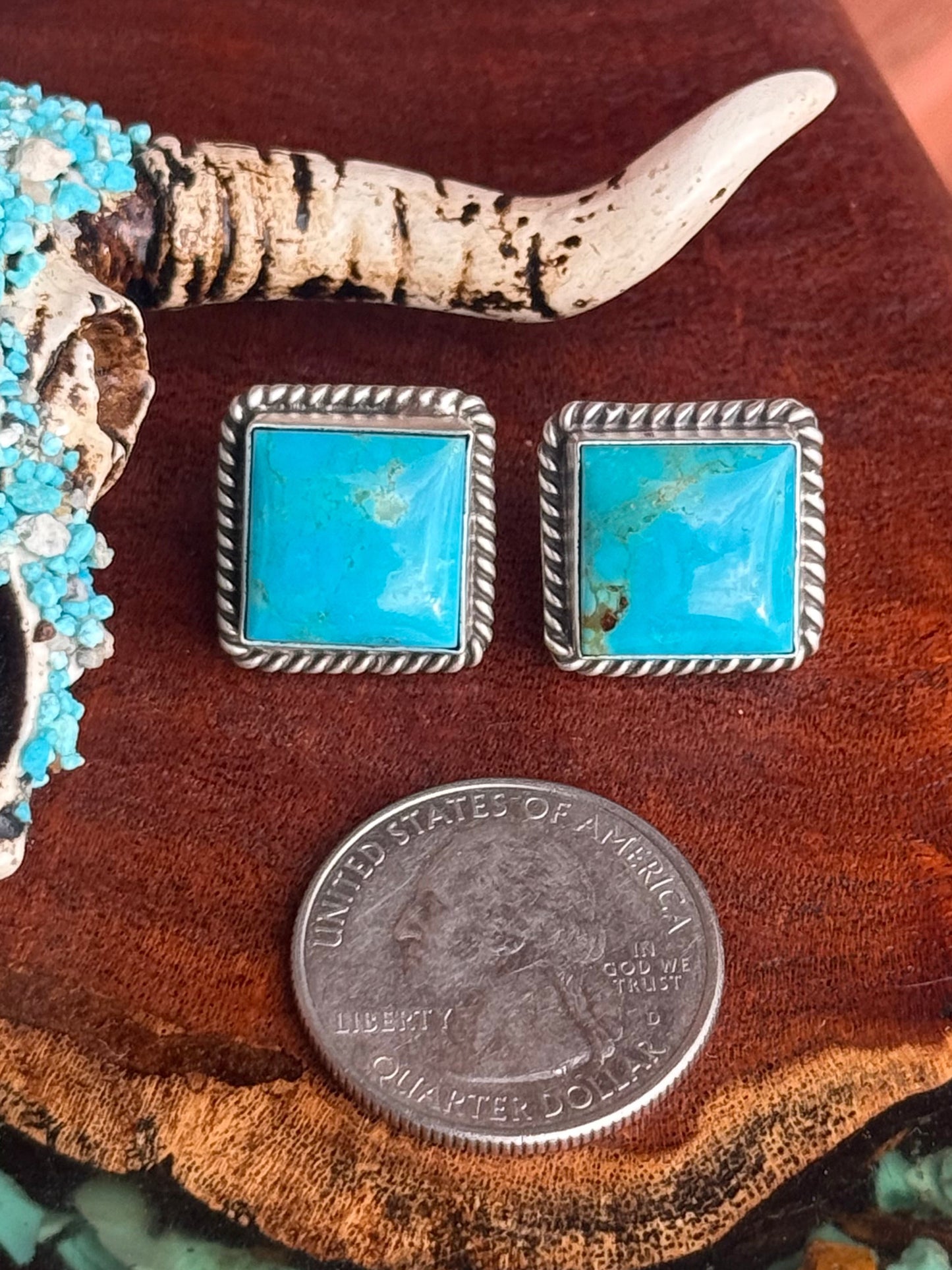 Navajo Handmade Kingman Turquoise Stud Square Earrings
