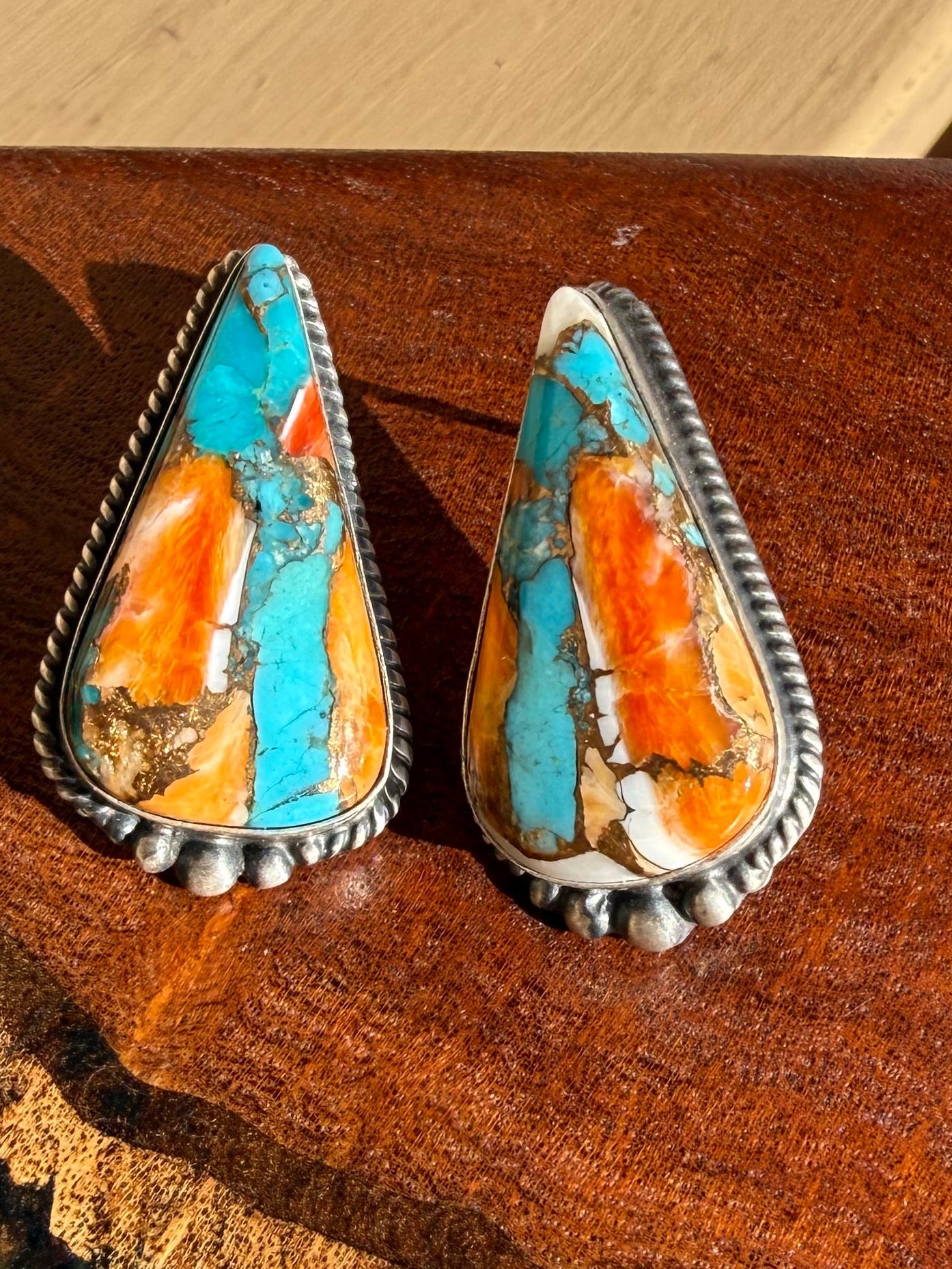Navajo Handmade Kingman and Spiny Krush Stud Earrings