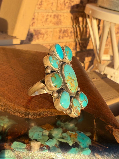 Navajo Handmade Half Cluster Kingman Turquoise Adjustable Ring