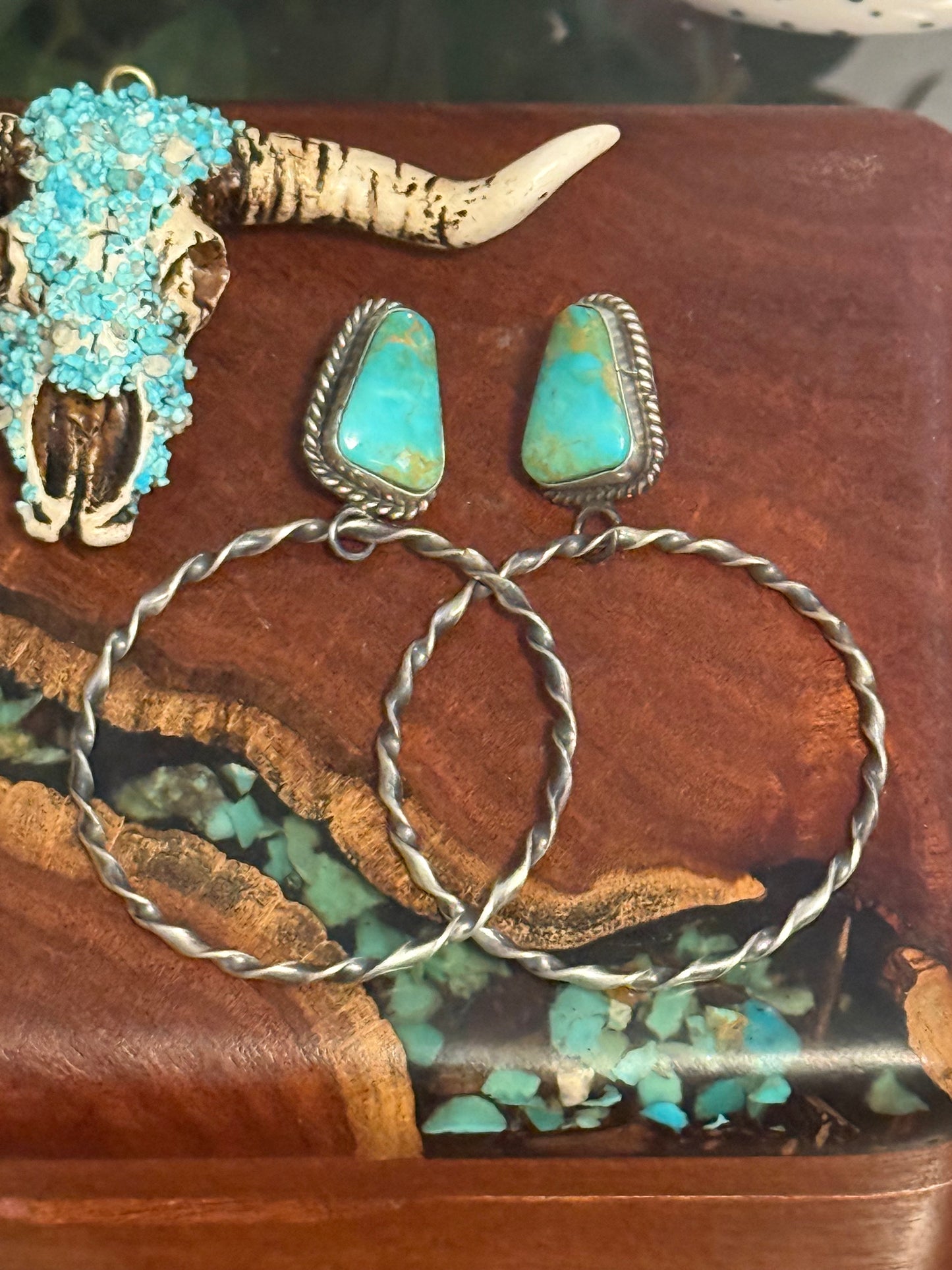 Navajo Handmade Kingman Turquoise Hoops