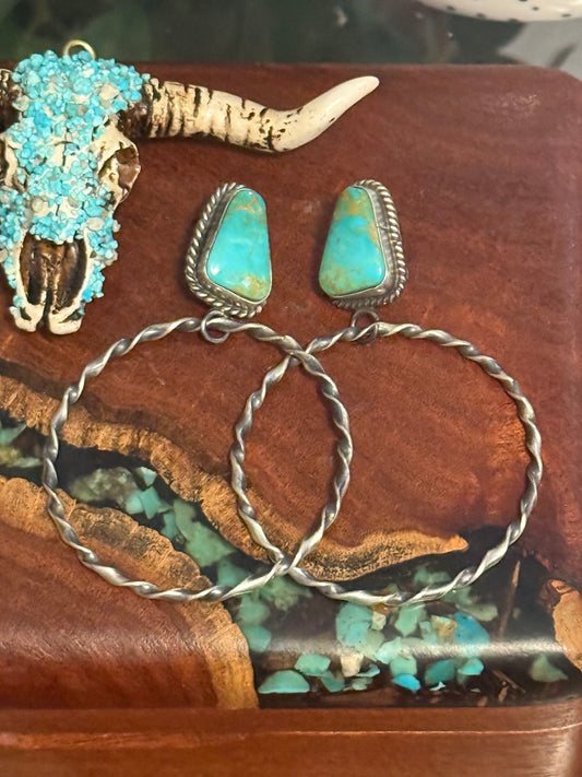 Navajo Handmade Kingman Turquoise Hoops