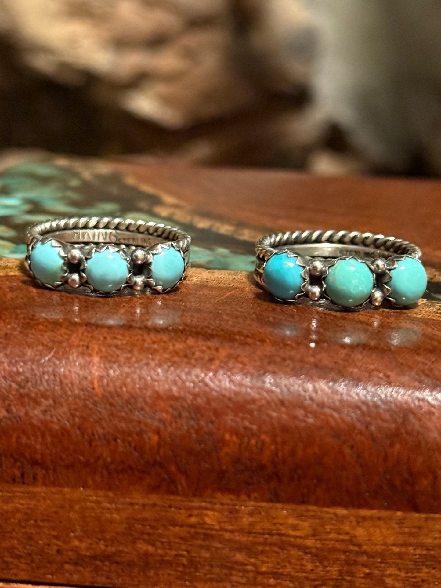Navajo Handmade 3 Stone Kingman Turquoise Ring -Made by Ray King