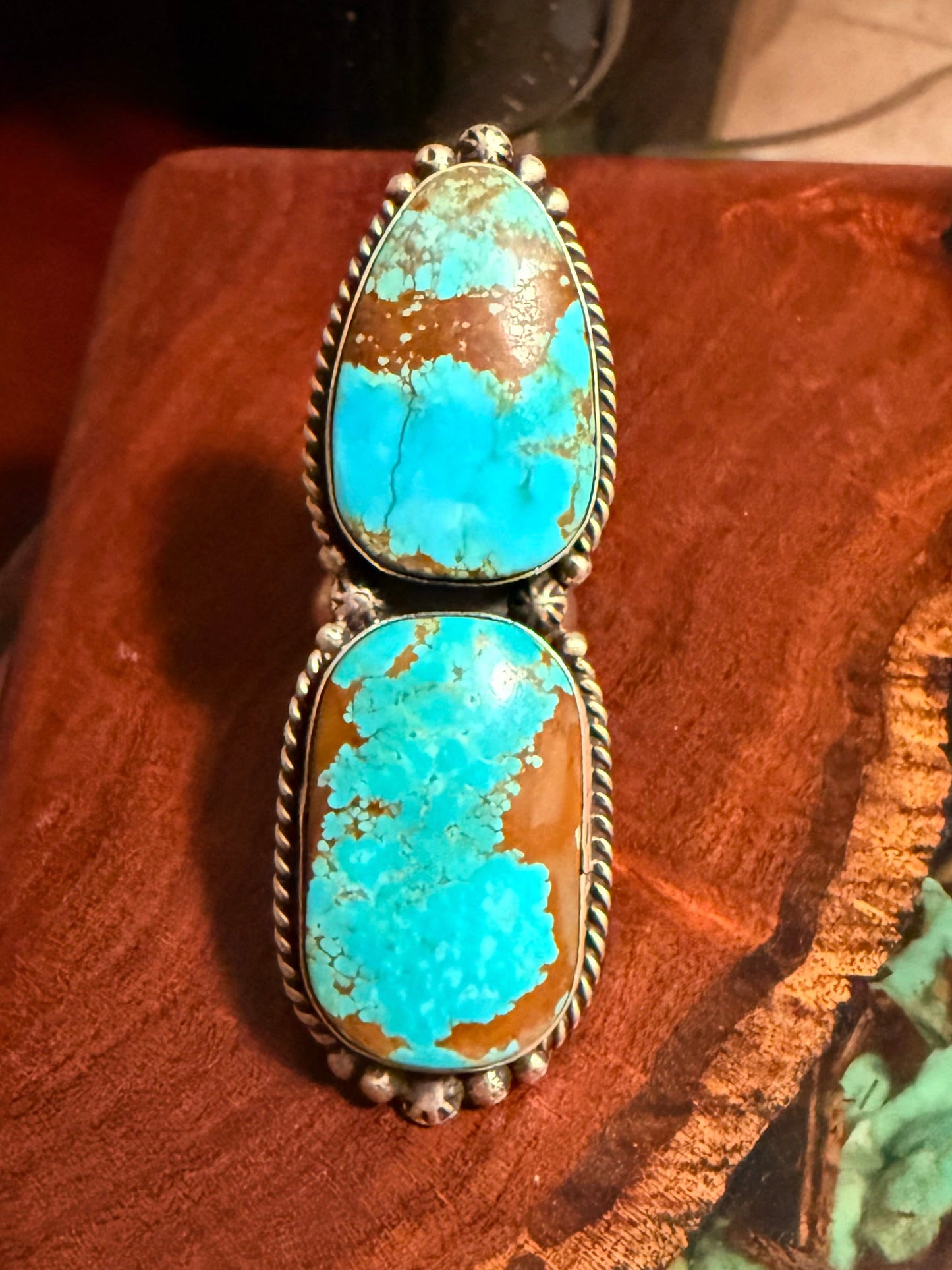 Navajo Handmade Two Stone Mine 8 Adjustable Ring Set In Sterling Silver