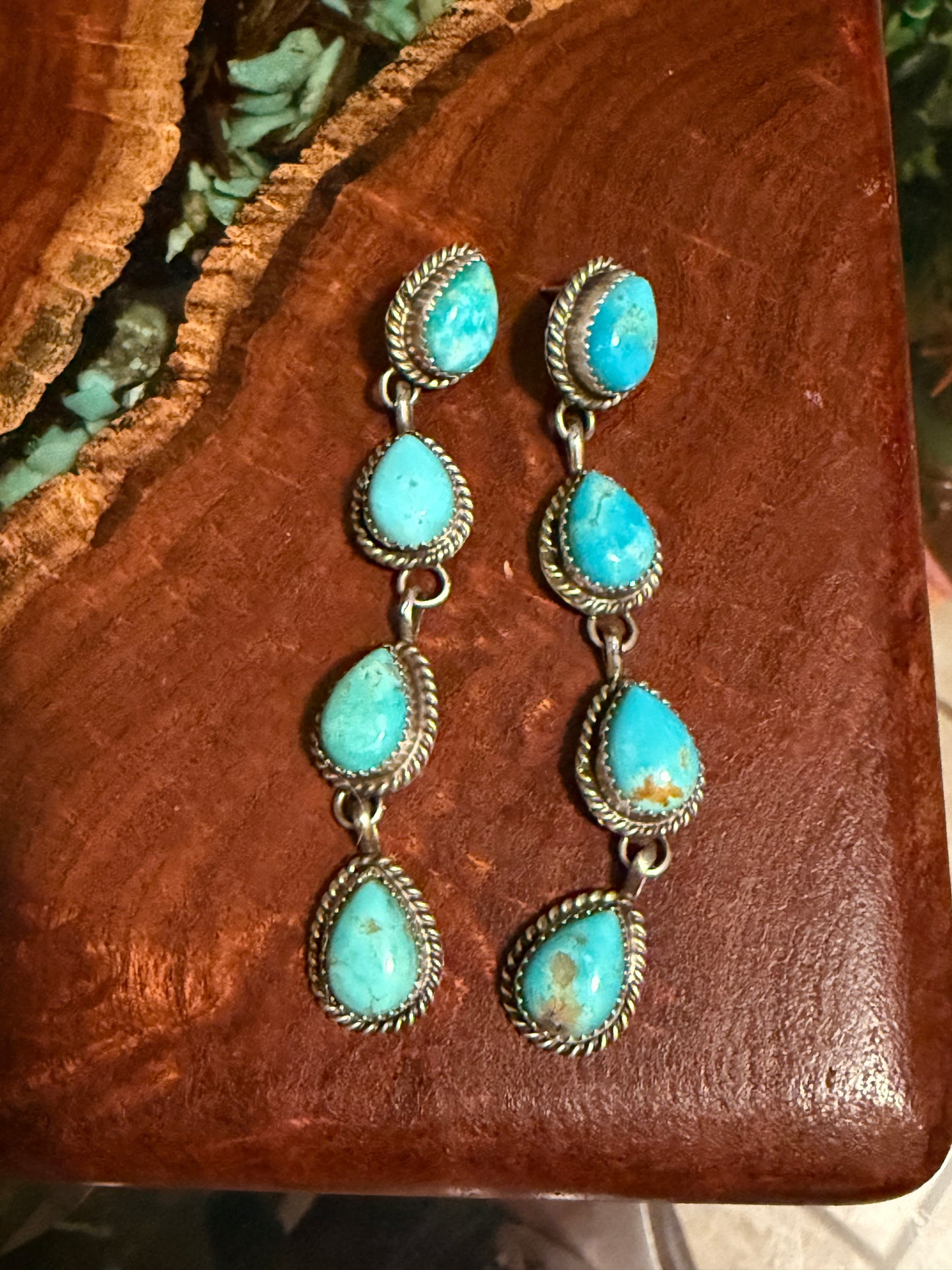 Navajo Handmade 4 Stone Kingman Turquoise Teardrop Post Dangle Earrings