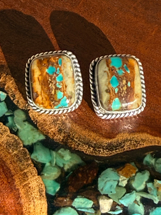 Navajo Handmade Royston Ribbon Stud Earrings Set In Sterling Silver