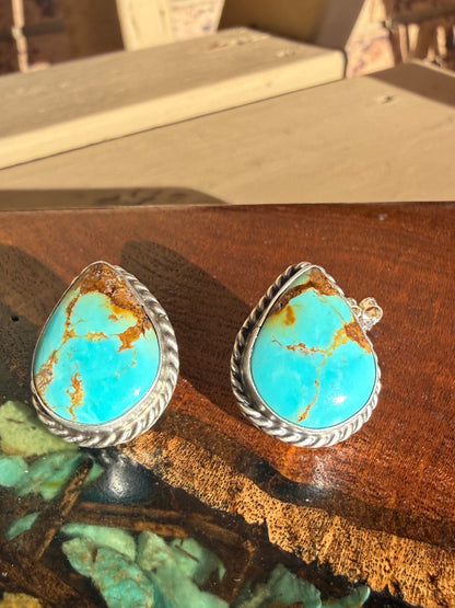 Navajo Handmade Kingman Turquoise Studs Set in Sterling Silver