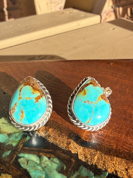 Navajo Handmade Kingman Turquoise Studs Set in Sterling Silver