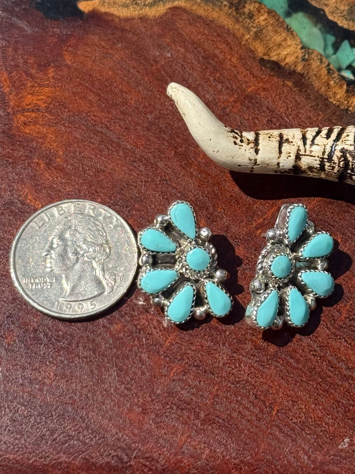 Navajo Handmade Kingman Turquoise Half Cluster Earrings Made by Alicia Wilson