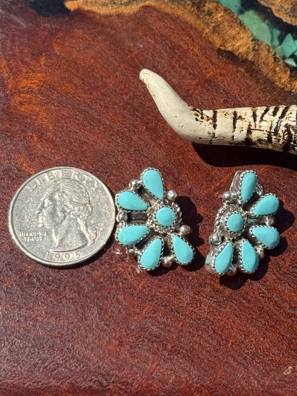 Navajo Handmade Kingman Turquoise Half Cluster Earrings Made by Alicia Wilson