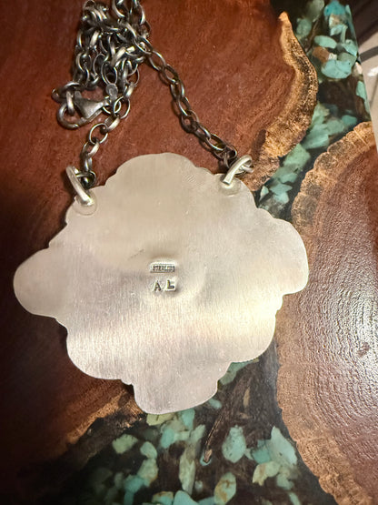 BIG Navajo Handmade Kingman Turquoise and Pink Conch Cluster Pendant Necklace