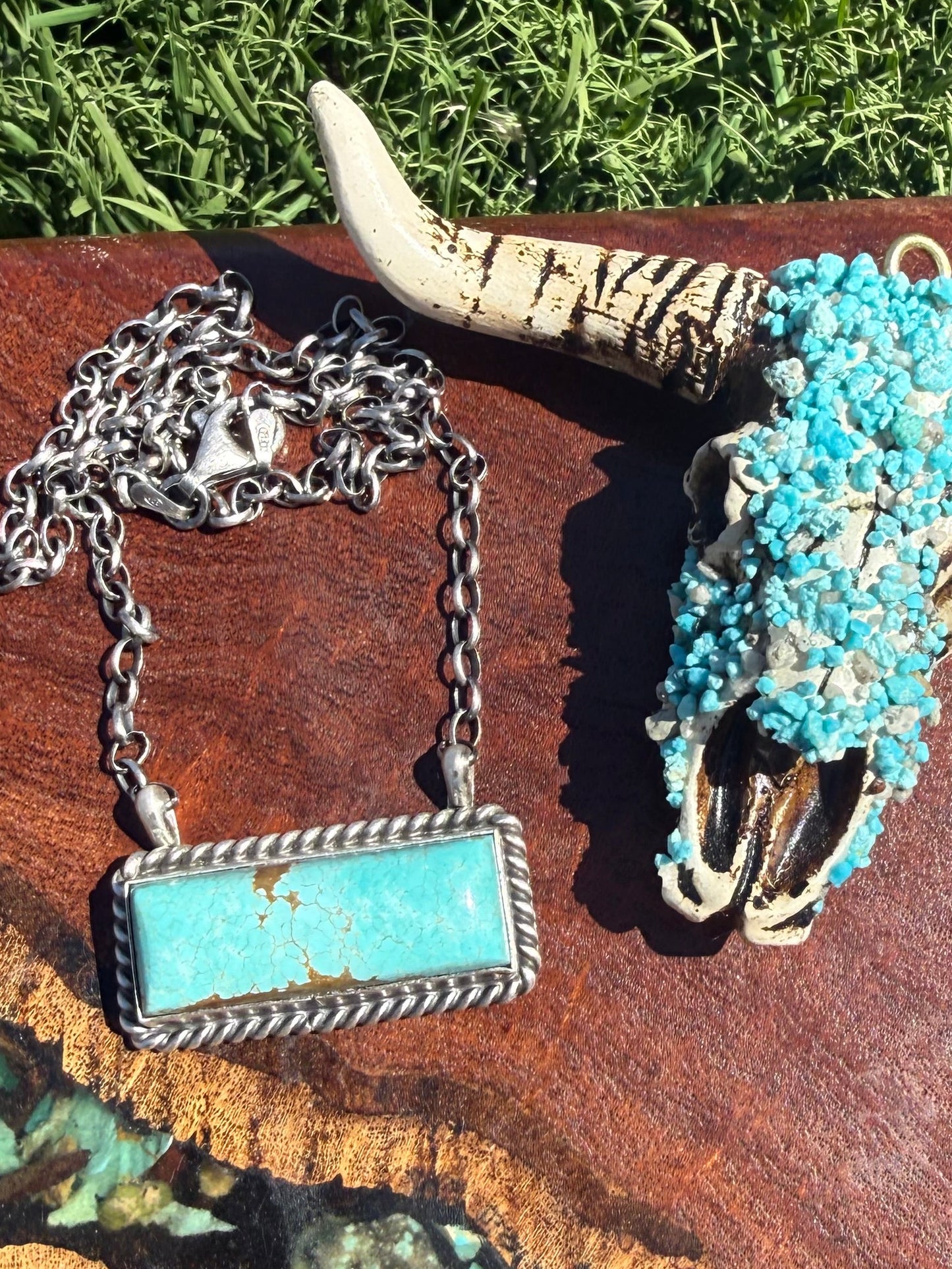 Navajo Handmade Kingman Turquoise Large Bar Necklace on 16” Chain