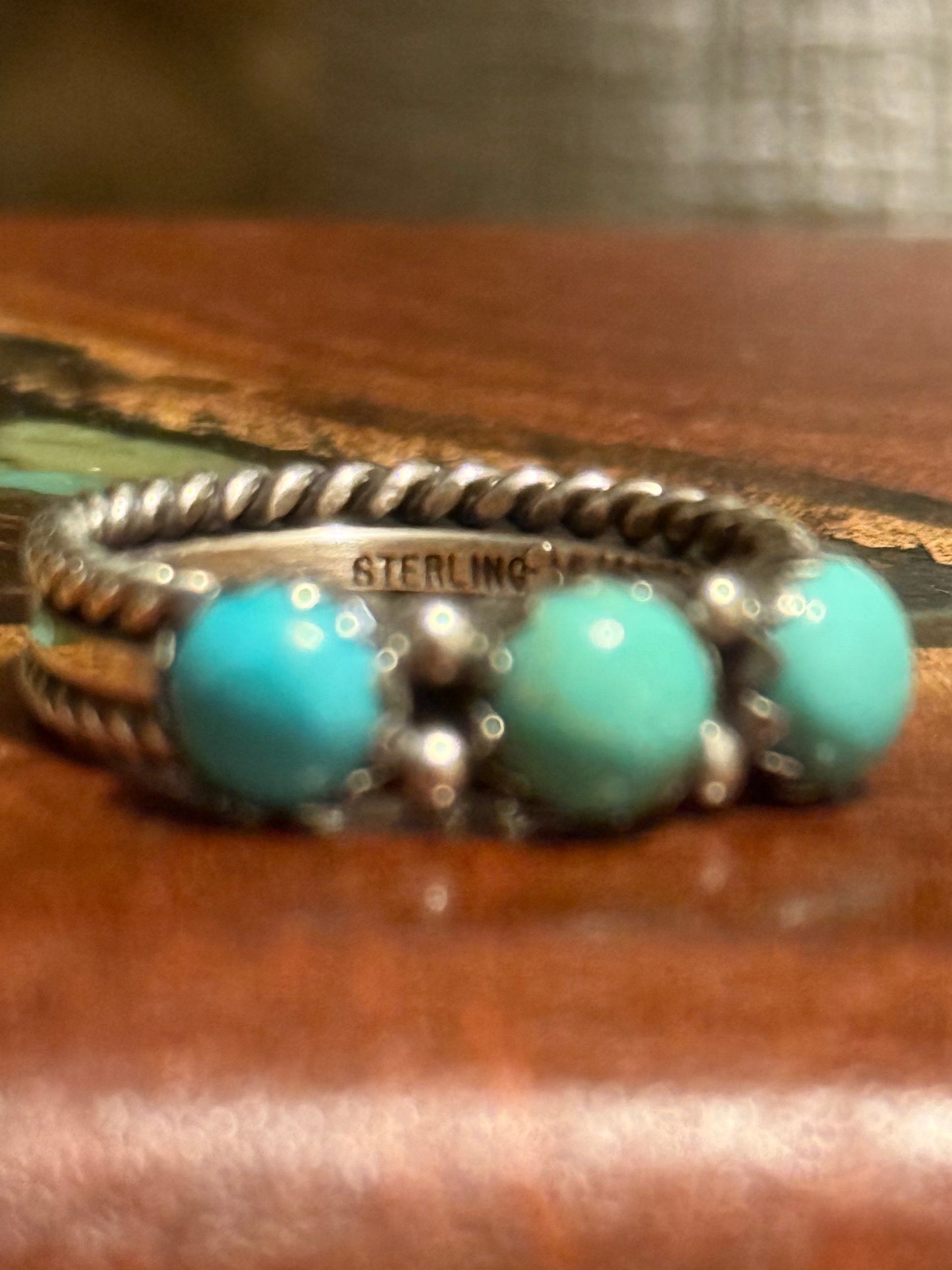 Navajo Handmade 3 Stone Kingman Turquoise Ring -Made by Ray King