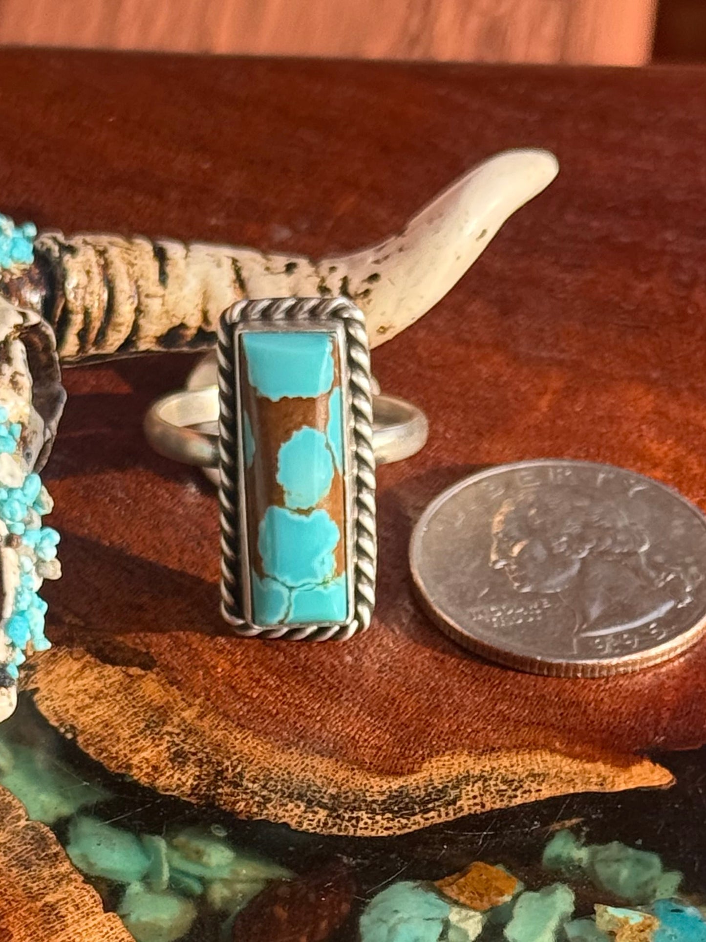Navajo Hamdmade Mine 8 Turquoise Adjustable Small Bar Ring