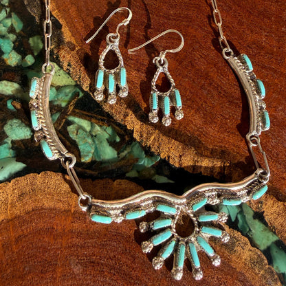 Handmade Zuni Kingman Needle Point Necklace with Earrings