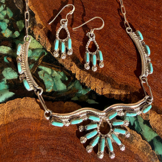 Handmade Zuni Kingman Needle Point Necklace with Earrings