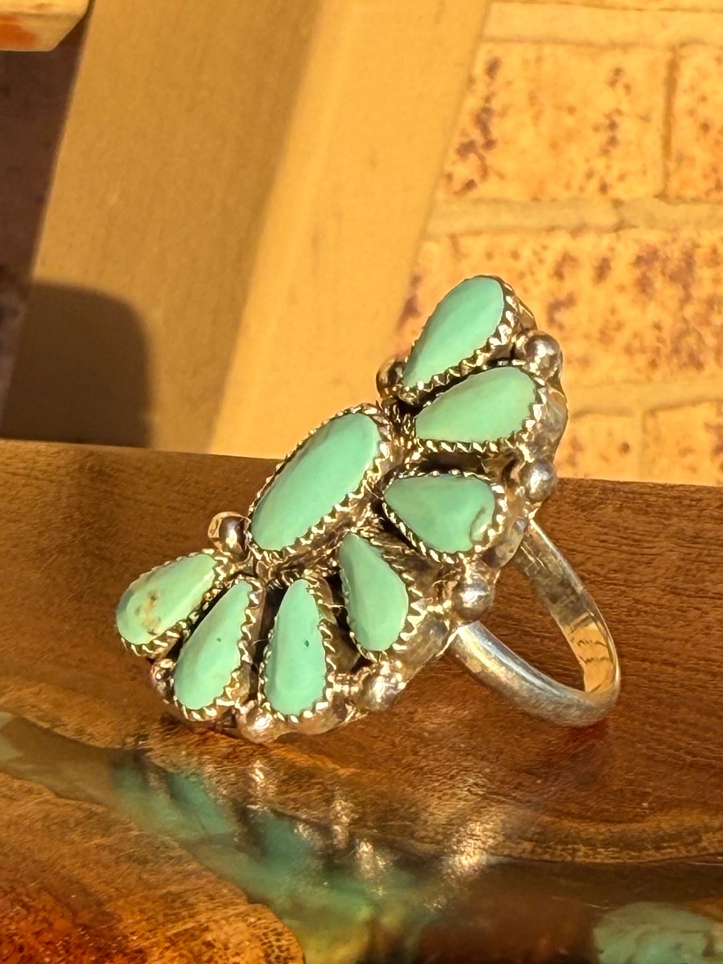 Navajo Handmade Adjustable Kingman Turquoise Half Cluster Ring
