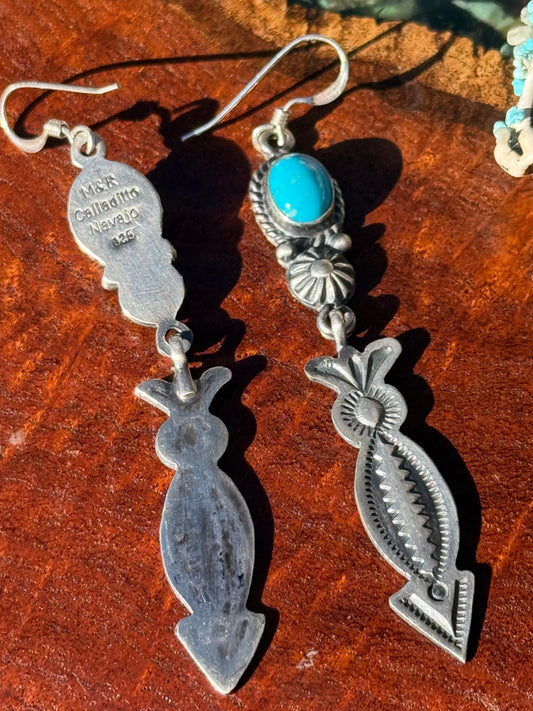 Navajo Handmade Kingman Turquoise Dangle Arrow Earrings