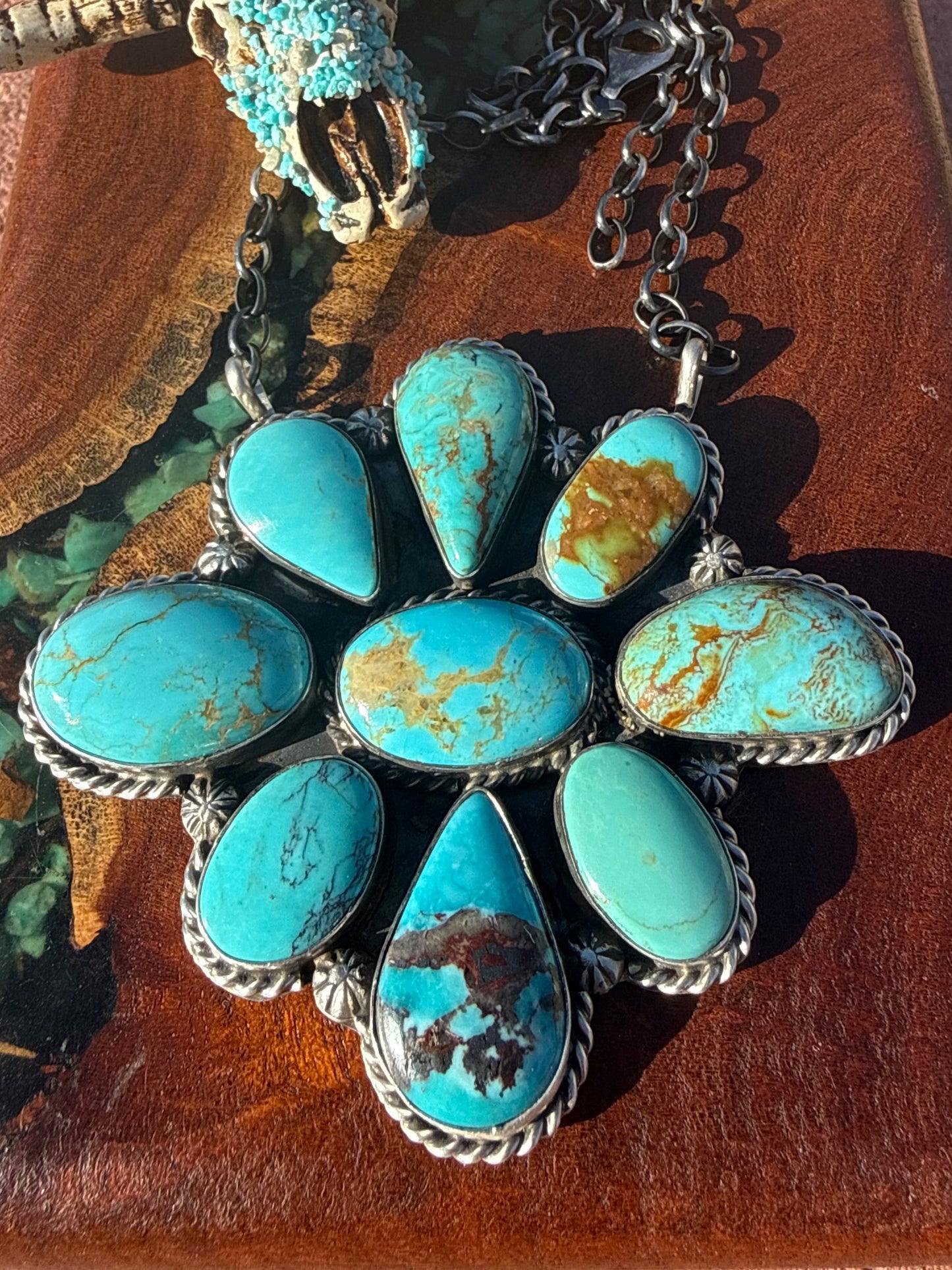 Extra Large Navajo Handmade Kingman Turquoise Cluster Pendant Necklace