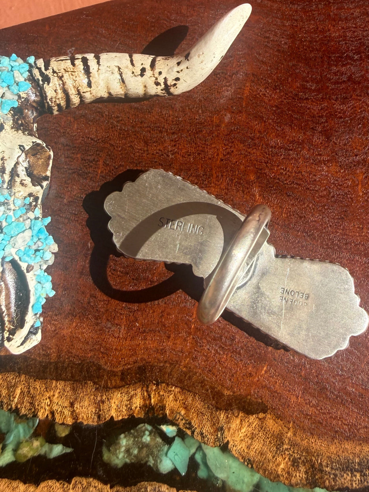 Navajo Handmade Royston Ribbon Turquoise Two-Stone Adjustable Ring