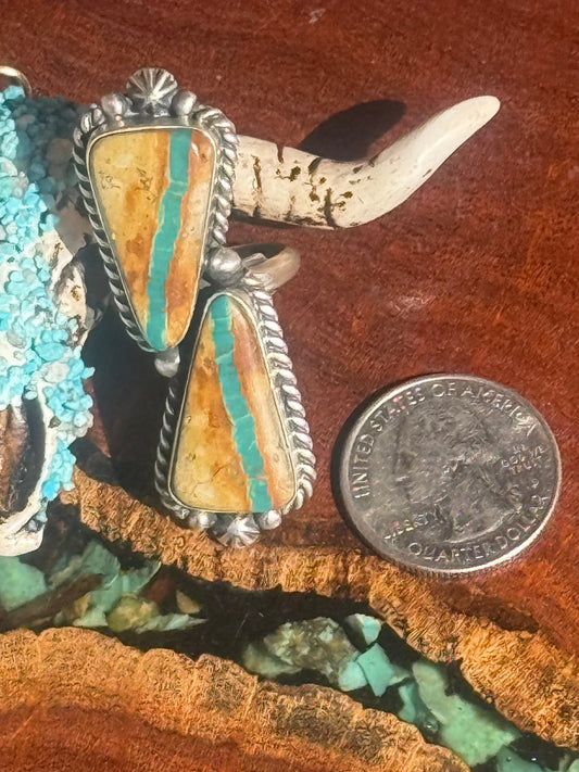 Navajo Handmade Royston Ribbon Turquoise Two-Stone Adjustable Ring