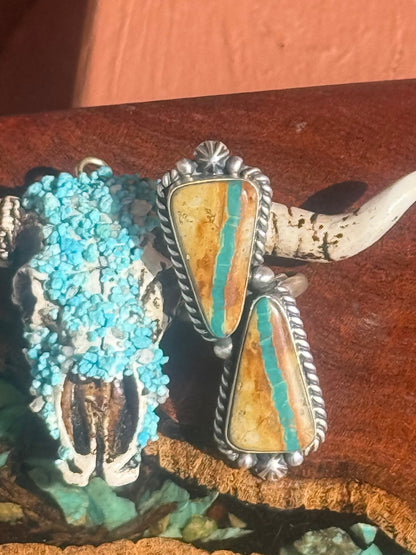 Navajo Handmade Royston Ribbon Turquoise Two-Stone Adjustable Ring
