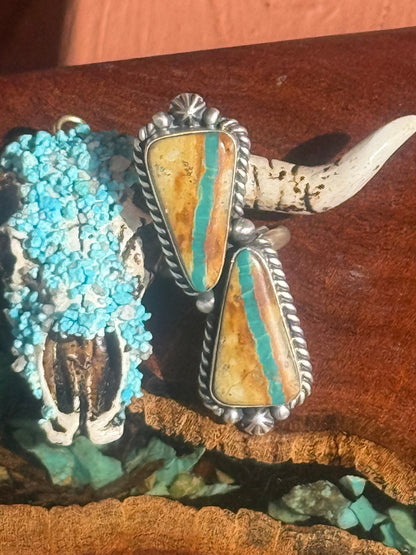 Navajo Handmade Royston Ribbon Turquoise Two-Stone Adjustable Ring