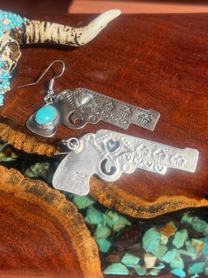 Navajo Handmade Kingman Turquoise Gun Dangle Earrings