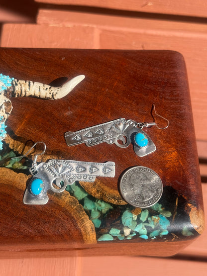 Navajo Handmade Kingman Turquoise Gun Dangle Earrings