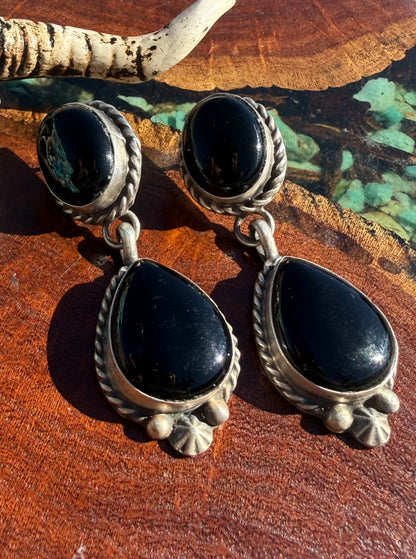 Navajo Handmade Onyx Two Stone Stud Dangles